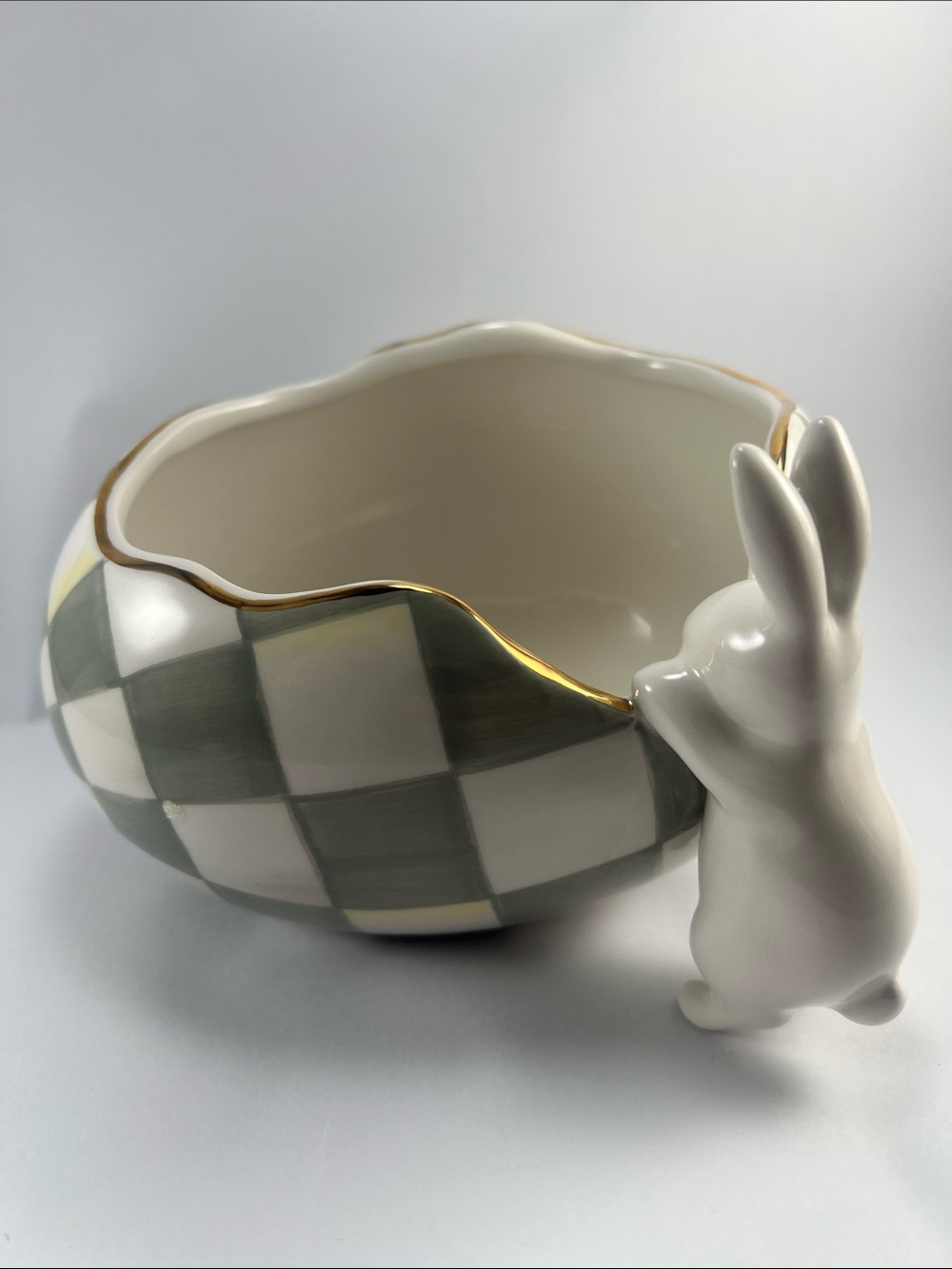 Decorative Ceramic Bunny Bowl in Cream and Sage Check